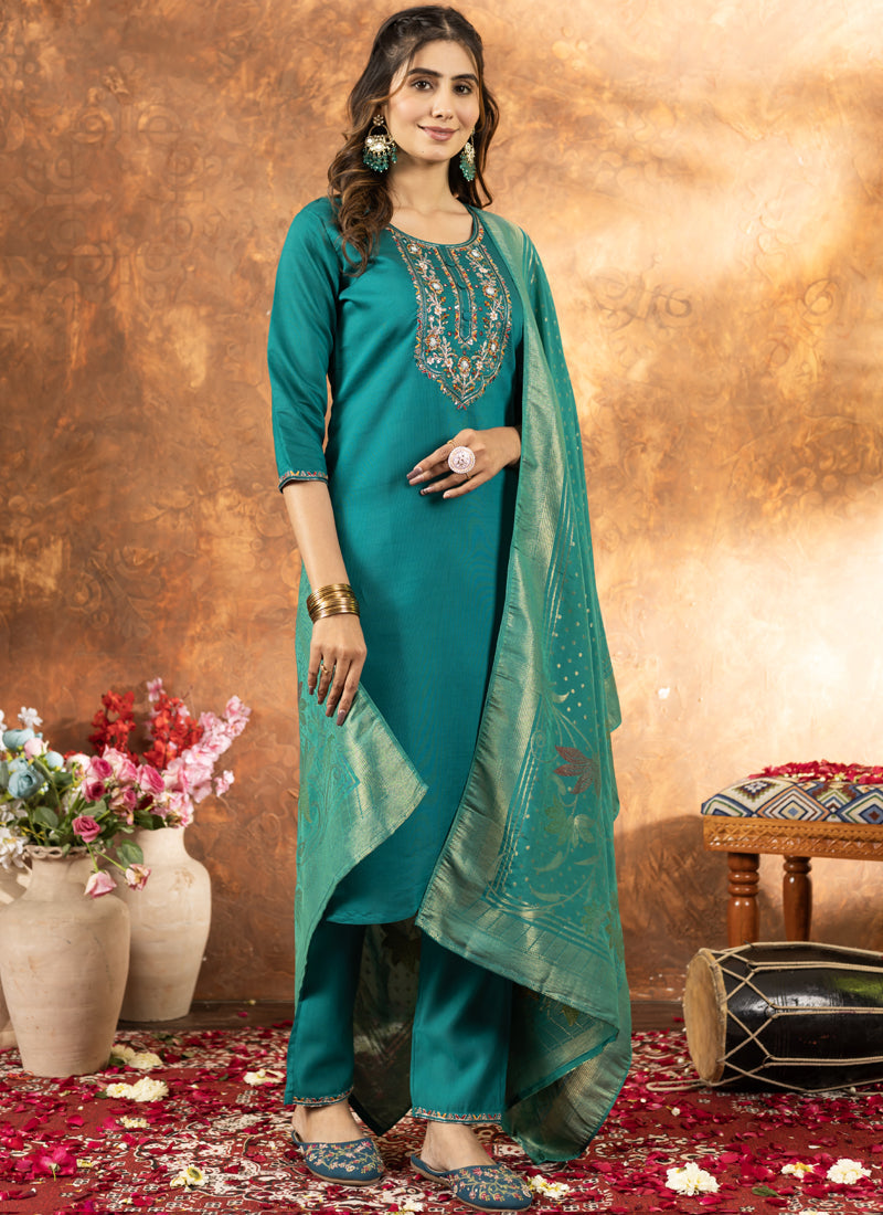 Prazu Fashion Rama Green Marina Silk Thread Embroidered Kurta Set | Grocsy