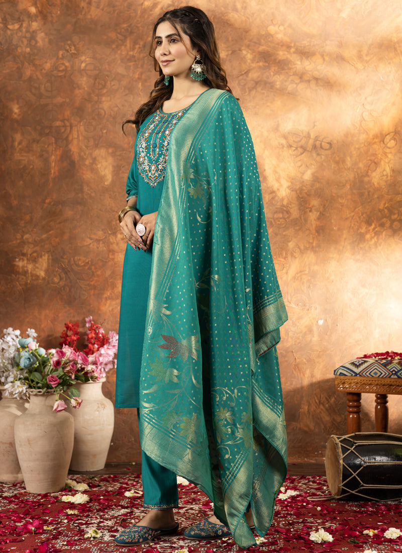 Prazu Fashion Rama Green Marina Silk Thread Embroidered Kurta Set | Grocsy