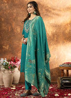 Prazu Fashion Rama Green Marina Silk Thread Embroidered Kurta Set | Grocsy