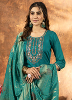 Prazu Fashion Rama Green Marina Silk Thread Embroidered Kurta Set | Grocsy