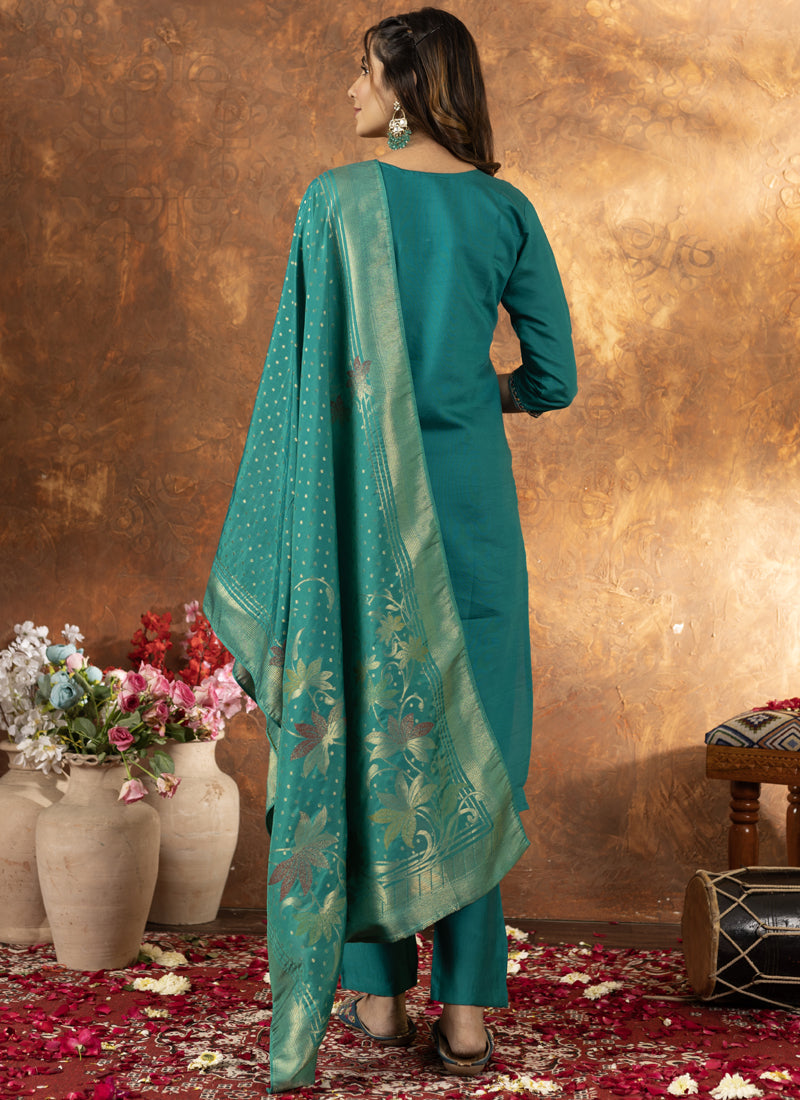 Prazu Fashion Rama Green Marina Silk Thread Embroidered Kurta Set | Grocsy