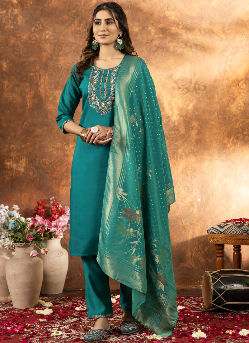 Prazu Fashion Rama Green Marina Silk Thread Embroidered Kurta Set | Grocsy
