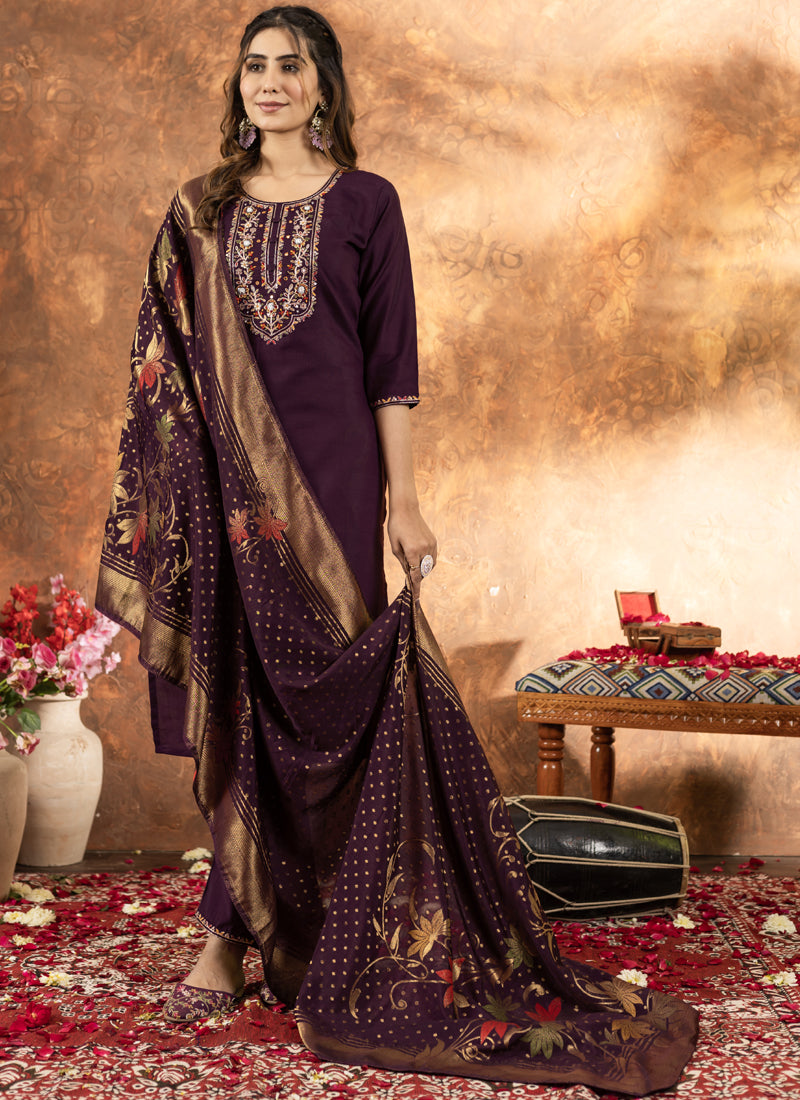 Prazu Fashion Wine Marina Silk Thread Embroidered Kurta Set | Grocsy