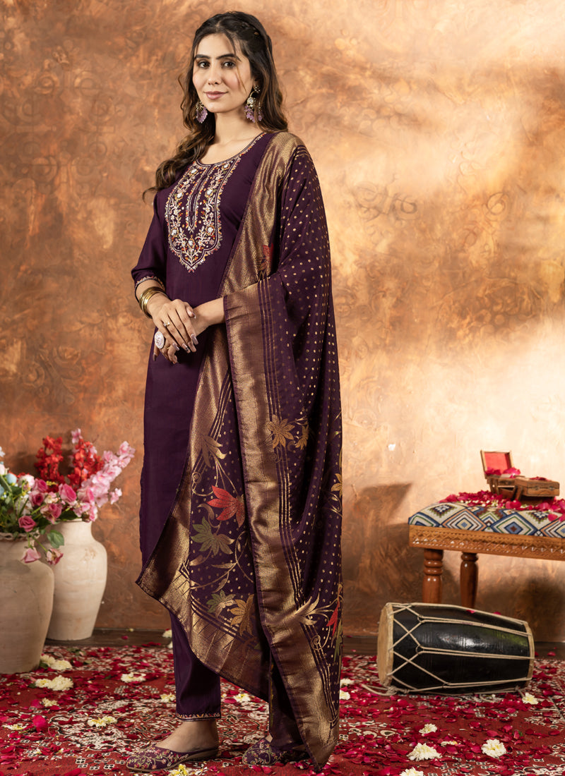 Prazu Fashion Wine Marina Silk Thread Embroidered Kurta Set | Grocsy