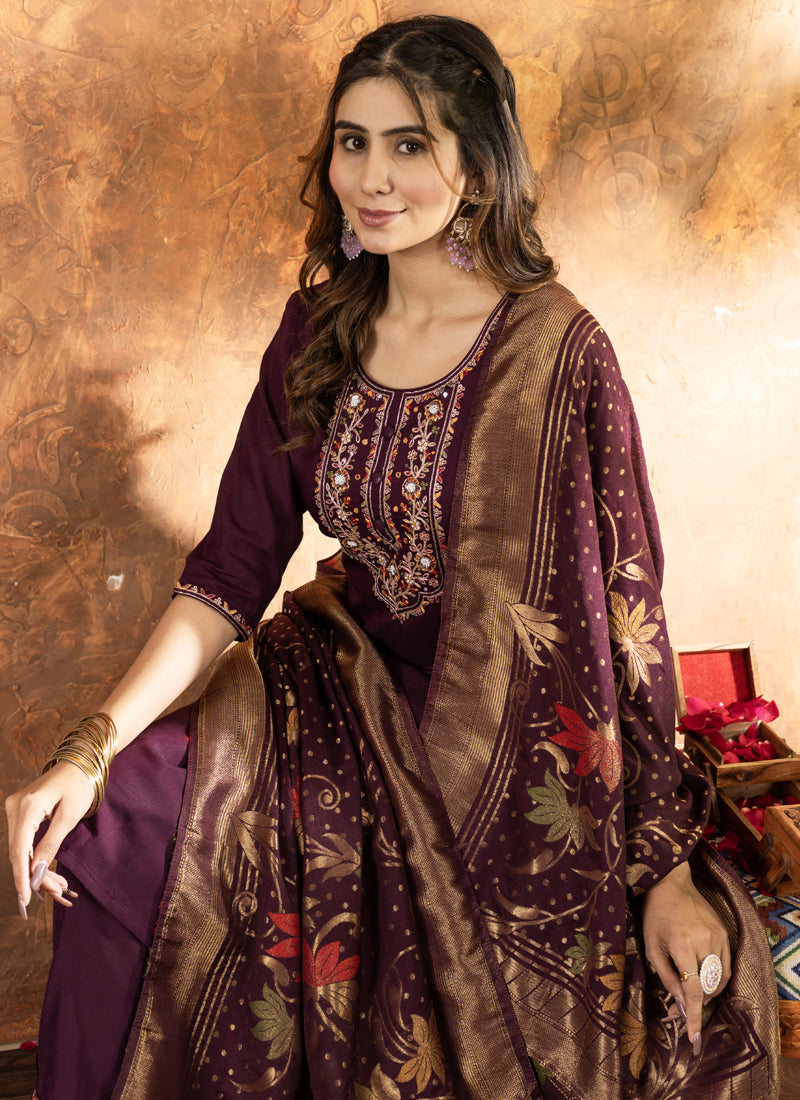 Prazu Fashion Wine Marina Silk Thread Embroidered Kurta Set | Grocsy