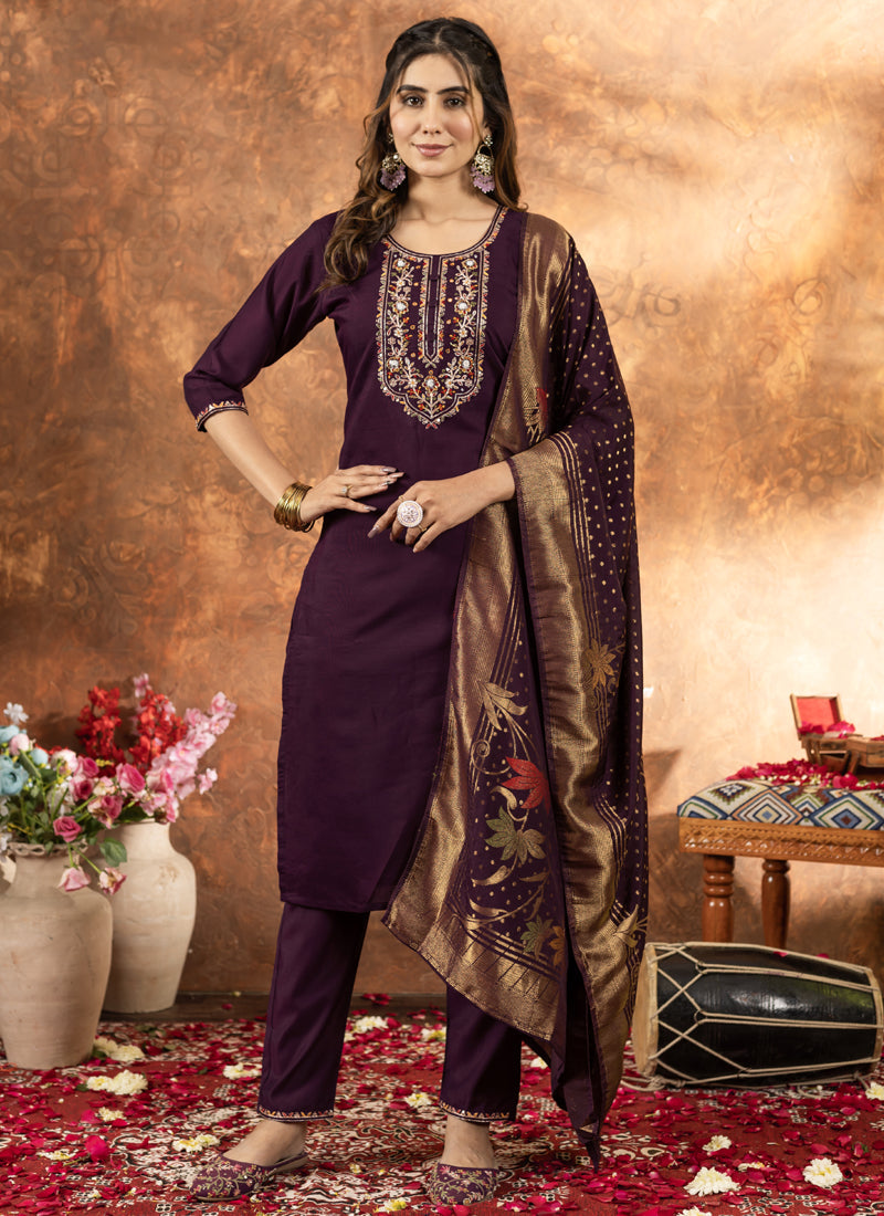 Prazu Fashion Wine Marina Silk Thread Embroidered Kurta Set | Grocsy