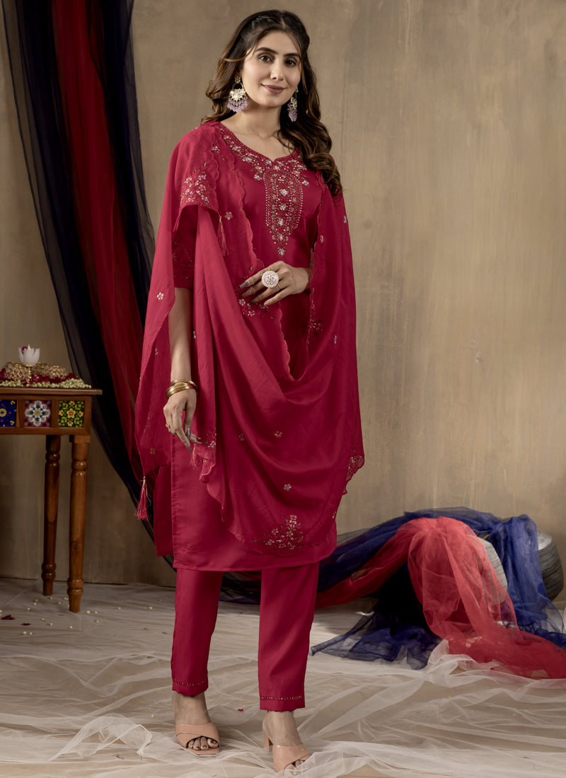Prazu Fashion Rani Pink Roman Silk Thread Embroidered Designer Kurta Set | Grocsy