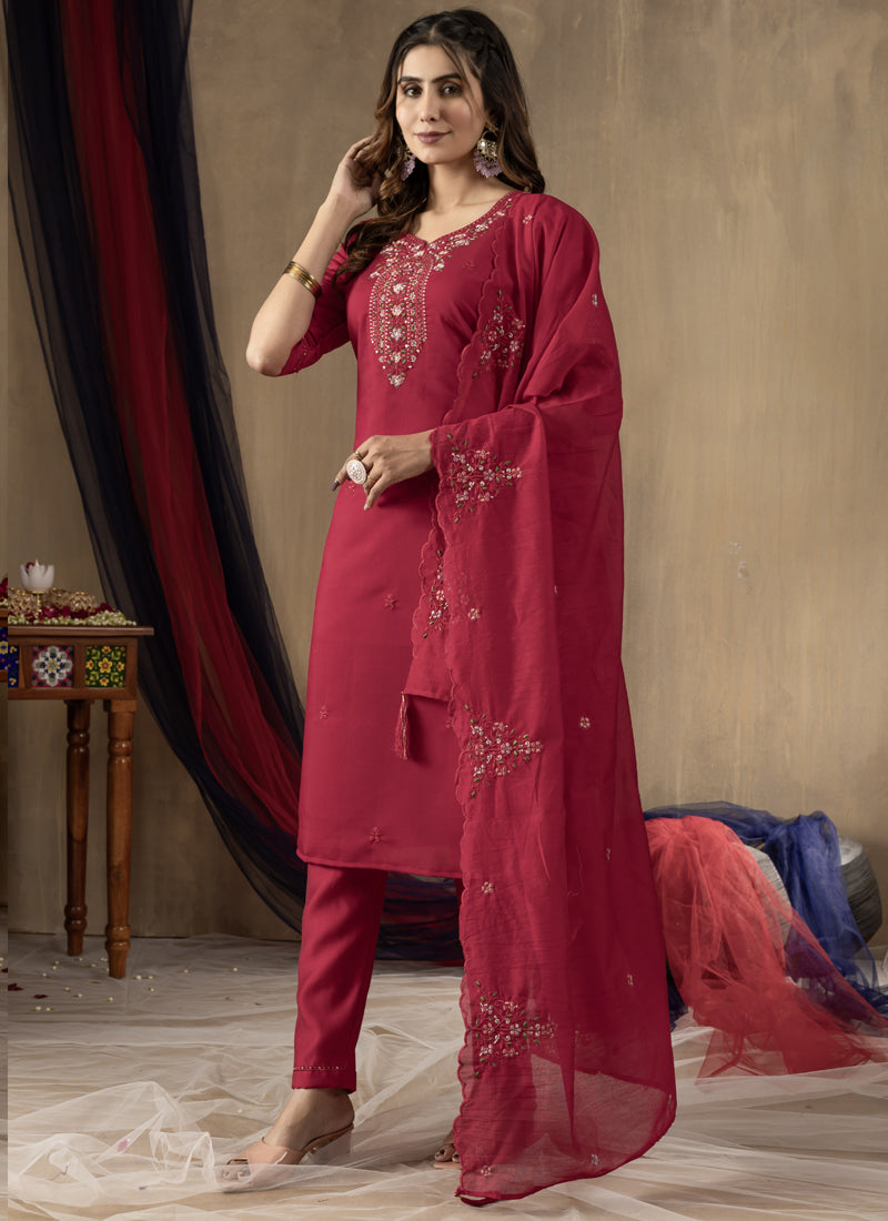 Prazu Fashion Rani Pink Roman Silk Thread Embroidered Designer Kurta Set | Grocsy