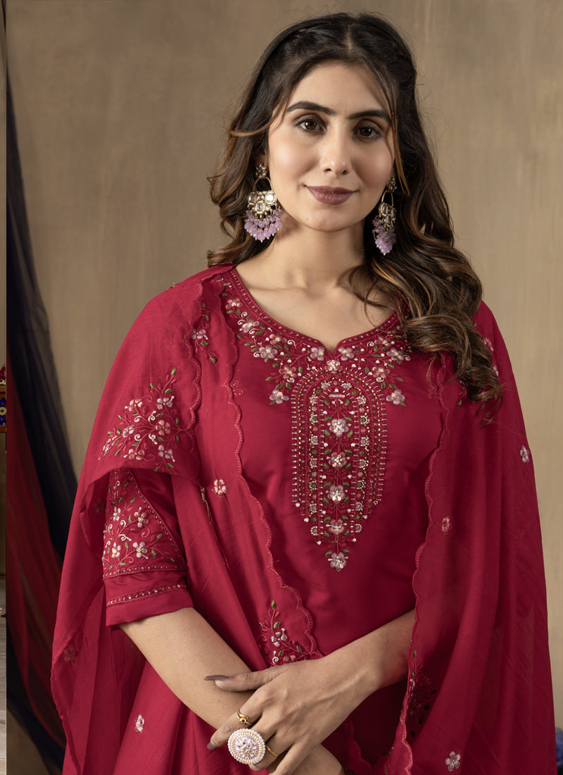 Prazu Fashion Rani Pink Roman Silk Thread Embroidered Designer Kurta Set | Grocsy