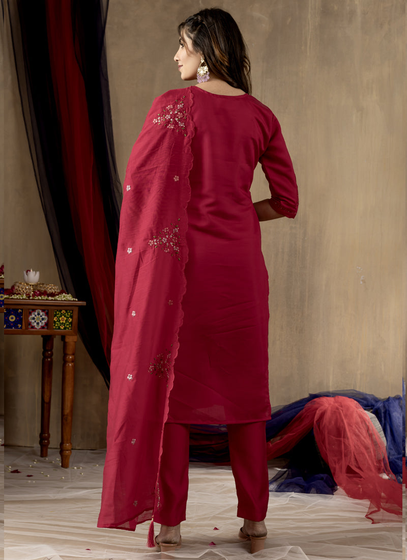 Prazu Fashion Rani Pink Roman Silk Thread Embroidered Designer Kurta Set | Grocsy