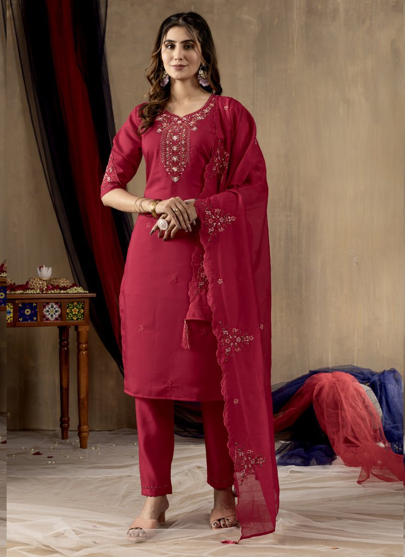 Prazu Fashion Rani Pink Roman Silk Thread Embroidered Designer Kurta Set | Grocsy