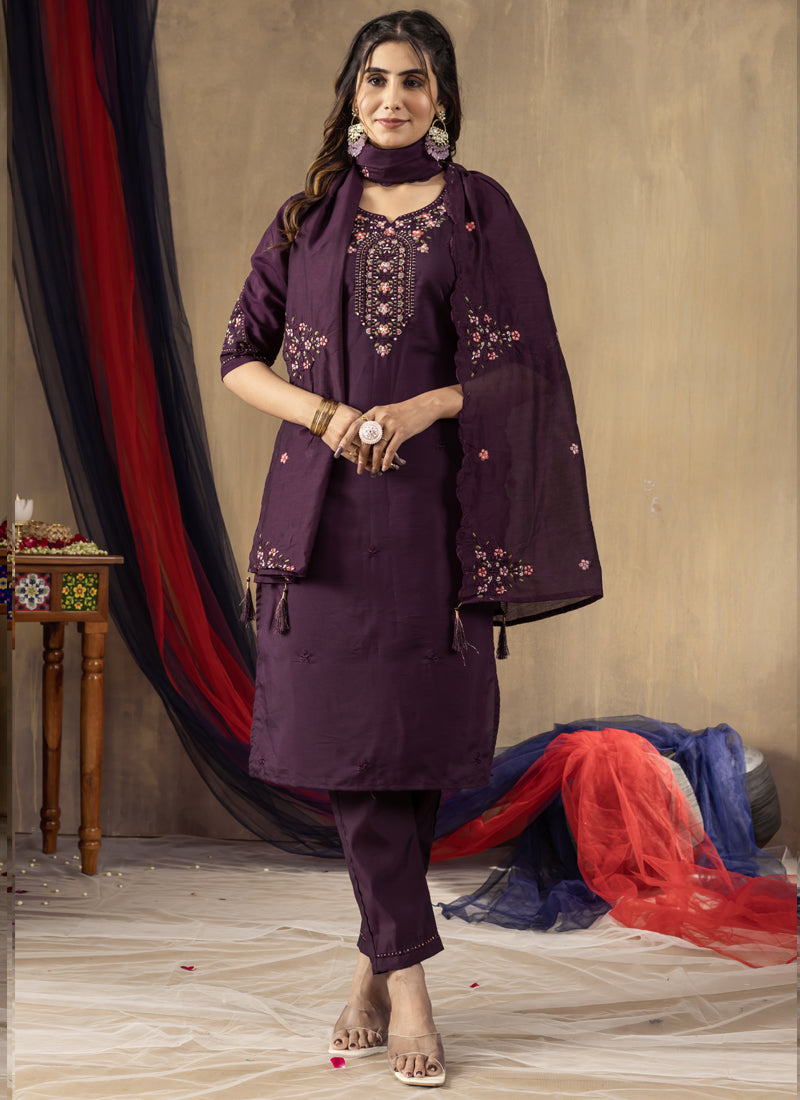 Prazu Fashion Wine Roman Silk Thread Embroidered Designer Kurta Set | Grocsy