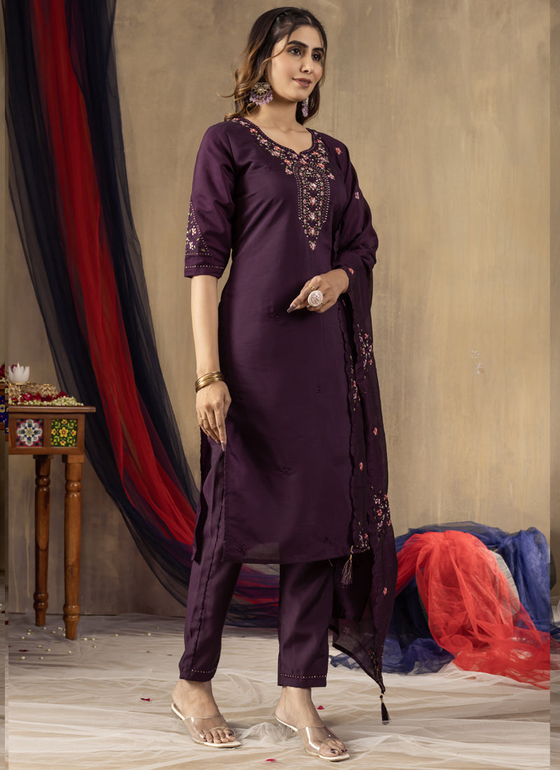 Prazu Fashion Wine Roman Silk Thread Embroidered Designer Kurta Set | Grocsy