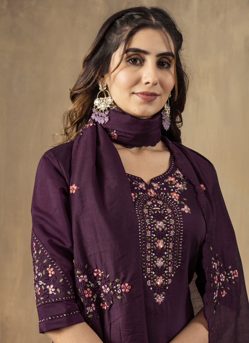 Prazu Fashion Wine Roman Silk Thread Embroidered Designer Kurta Set | Grocsy