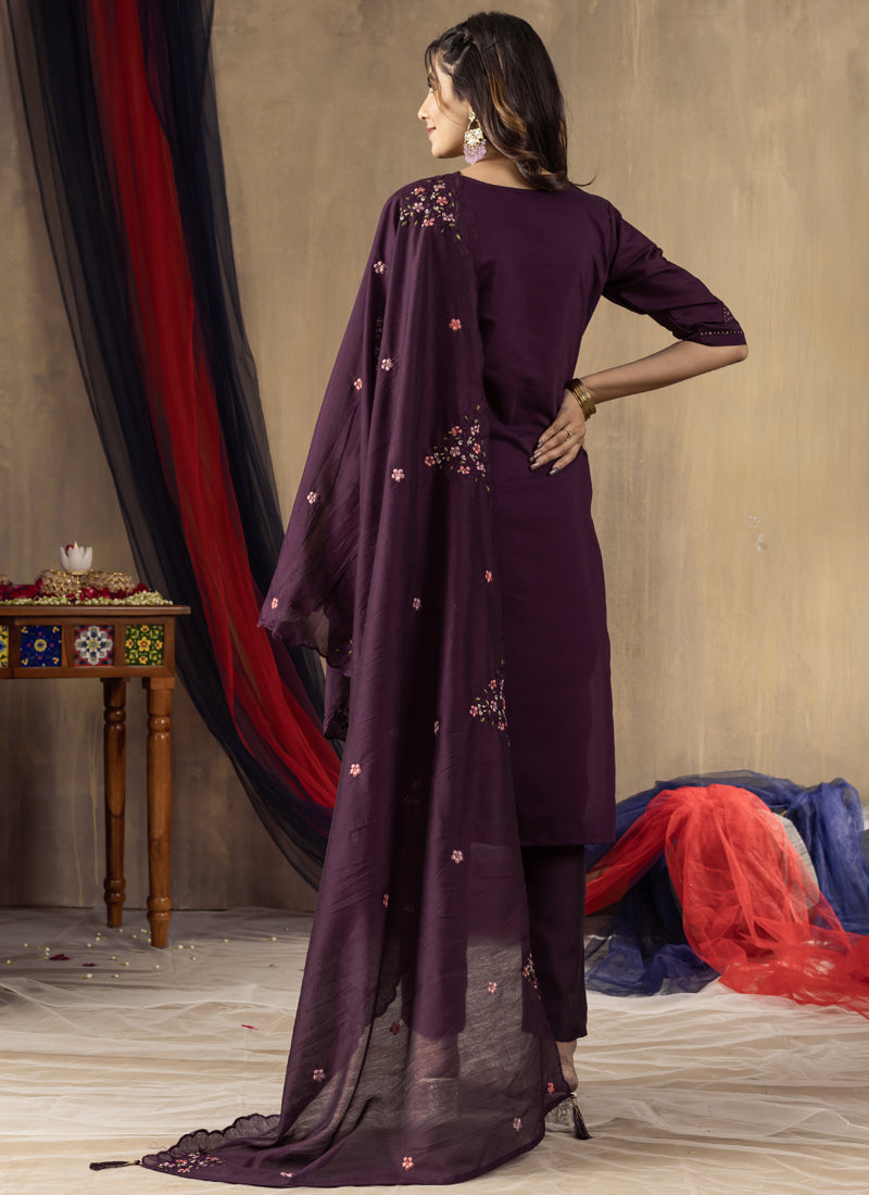 Prazu Fashion Wine Roman Silk Thread Embroidered Designer Kurta Set | Grocsy