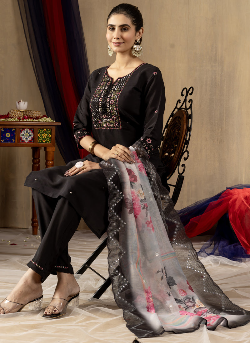 Prazu Fashion Black Roman Silk Thread Embroidered Designer Kurta Set | Grocsy