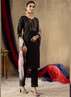 Prazu Fashion Black Roman Silk Thread Embroidered Designer Kurta Set | Grocsy