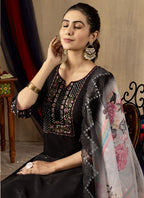Prazu Fashion Black Roman Silk Thread Embroidered Designer Kurta Set | Grocsy