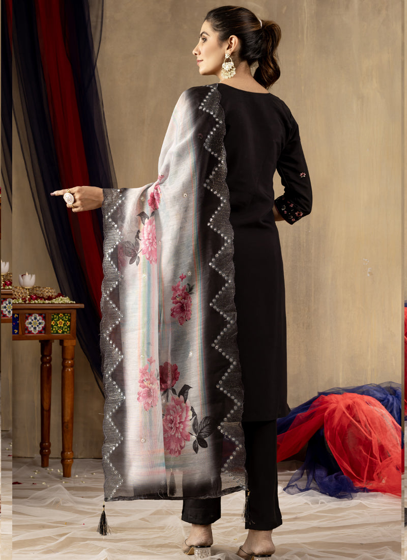 Prazu Fashion Black Roman Silk Thread Embroidered Designer Kurta Set | Grocsy