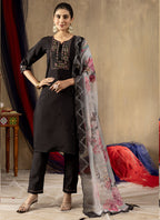 Prazu Fashion Black Roman Silk Thread Embroidered Designer Kurta Set | Grocsy