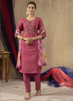 Prazu Fashion Onion Pink Roman Silk Thread Embroidered Designer Kurta Set | Grocsy