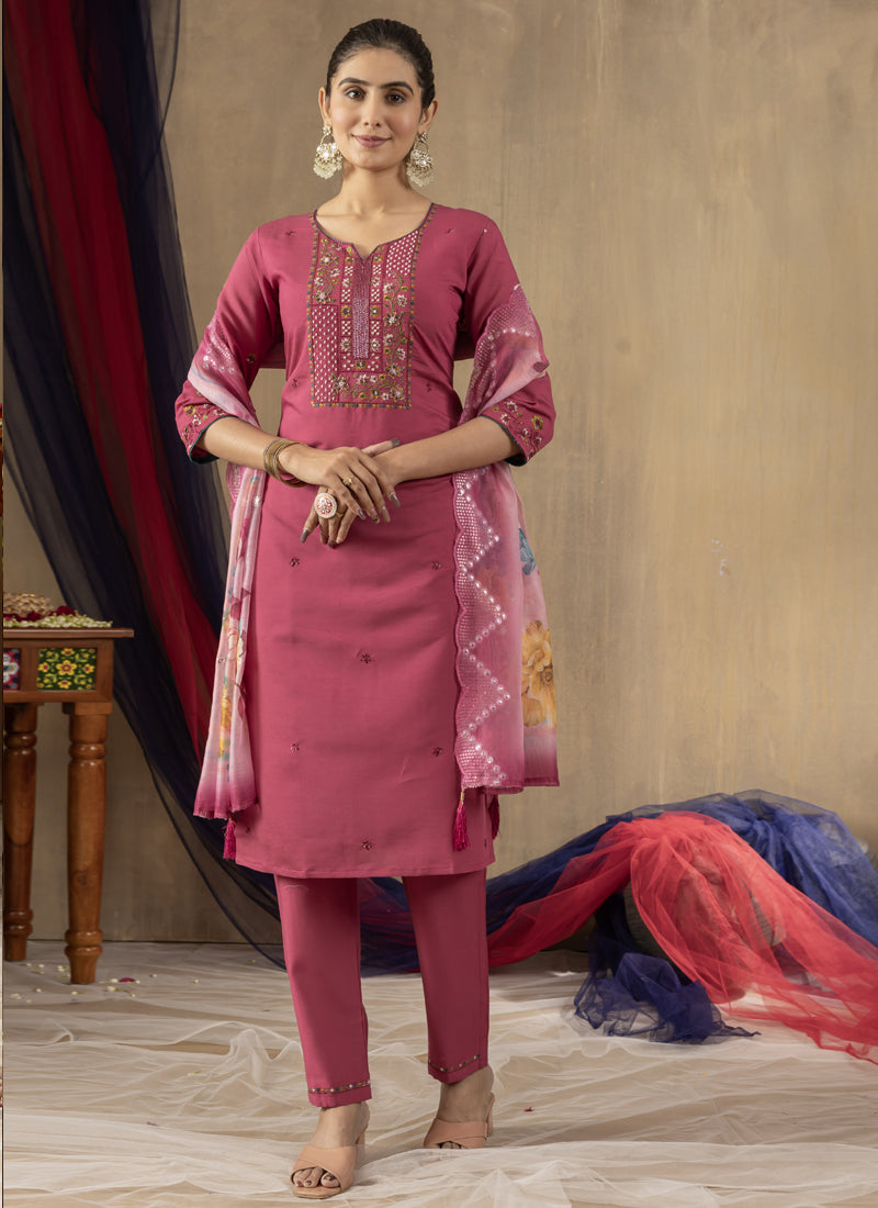 Prazu Fashion Onion Pink Roman Silk Thread Embroidered Designer Kurta Set | Grocsy