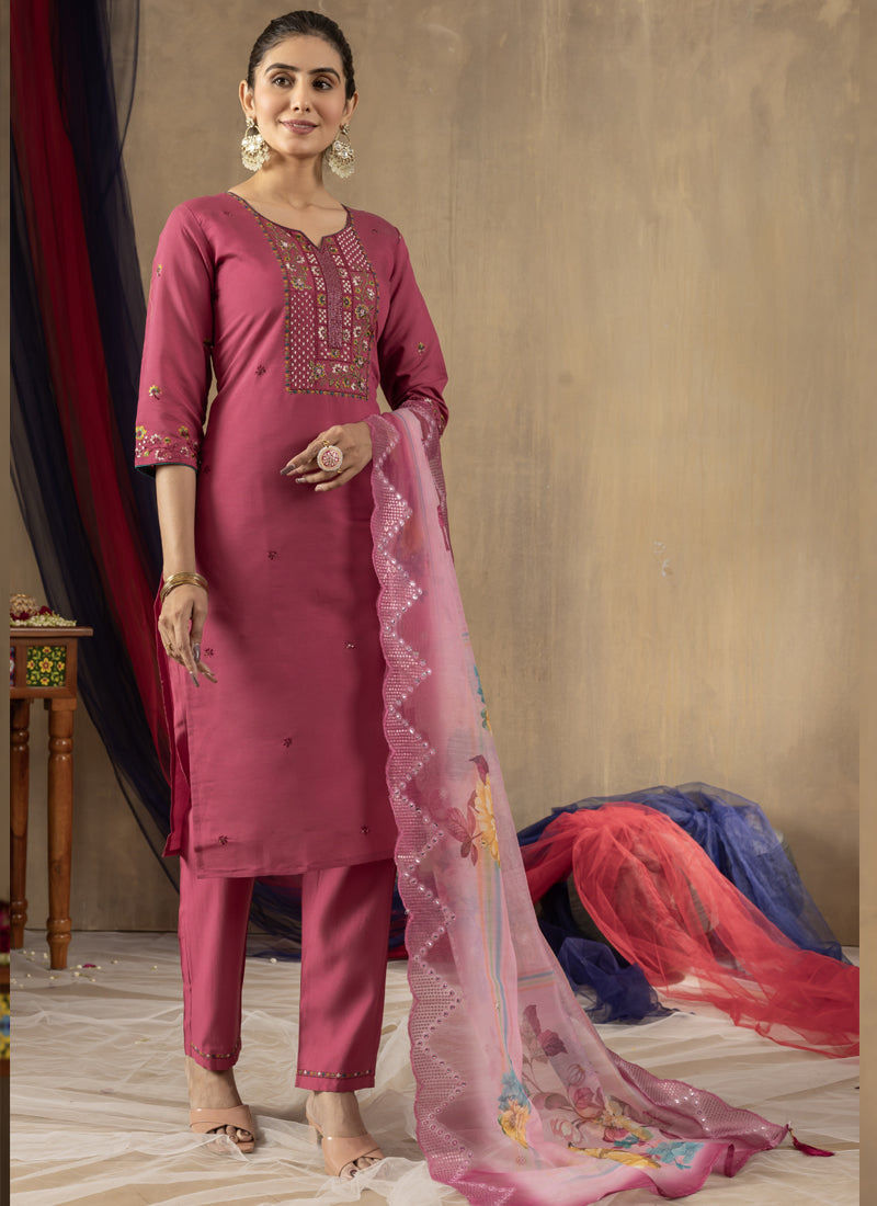 Prazu Fashion Onion Pink Roman Silk Thread Embroidered Designer Kurta Set | Grocsy