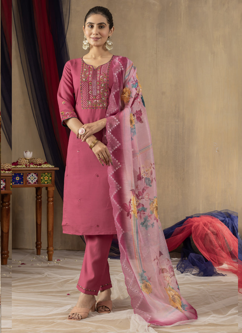 Prazu Fashion Onion Pink Roman Silk Thread Embroidered Designer Kurta Set | Grocsy