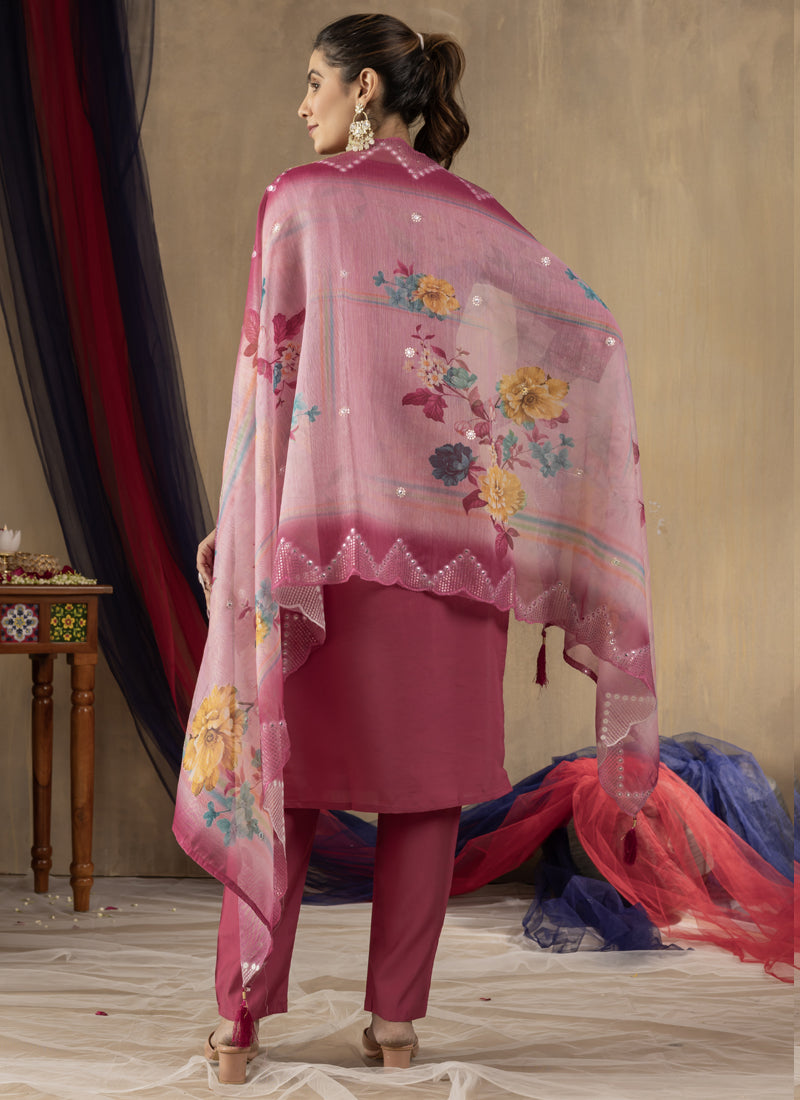 Prazu Fashion Onion Pink Roman Silk Thread Embroidered Designer Kurta Set | Grocsy
