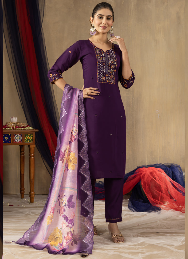 Prazu Fashion Purple Roman Silk Thread Embroidered Designer Kurta Set | Grocsy