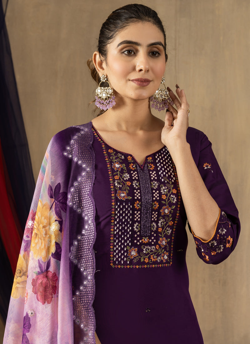Prazu Fashion Purple Roman Silk Thread Embroidered Designer Kurta Set | Grocsy
