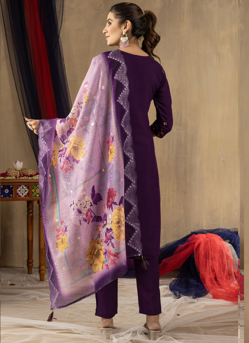 Prazu Fashion Purple Roman Silk Thread Embroidered Designer Kurta Set | Grocsy