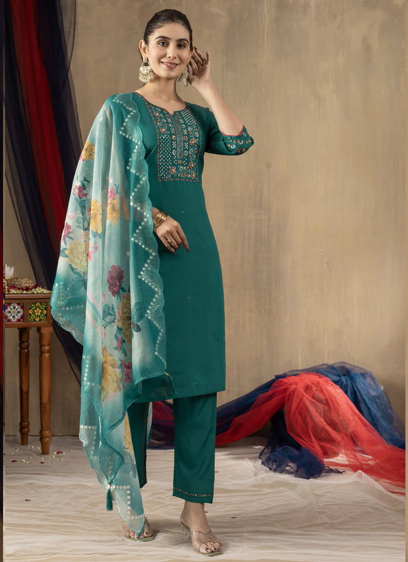 Prazu Fashion Rama Green Roman Silk Thread Embroidered Designer Kurta Set | Grocsy