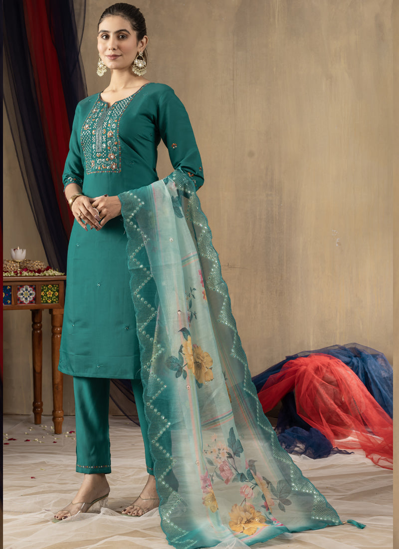 Prazu Fashion Rama Green Roman Silk Thread Embroidered Designer Kurta Set | Grocsy