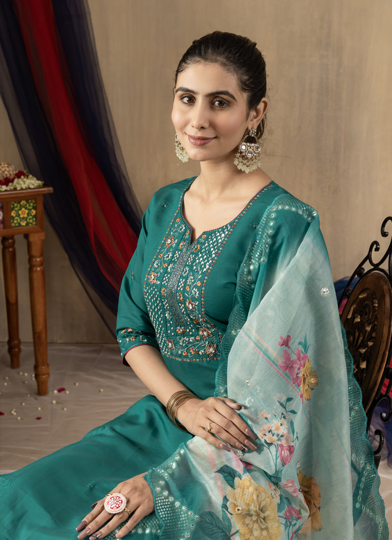 Prazu Fashion Rama Green Roman Silk Thread Embroidered Designer Kurta Set | Grocsy