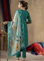 Prazu Fashion Rama Green Roman Silk Thread Embroidered Designer Kurta Set | Grocsy