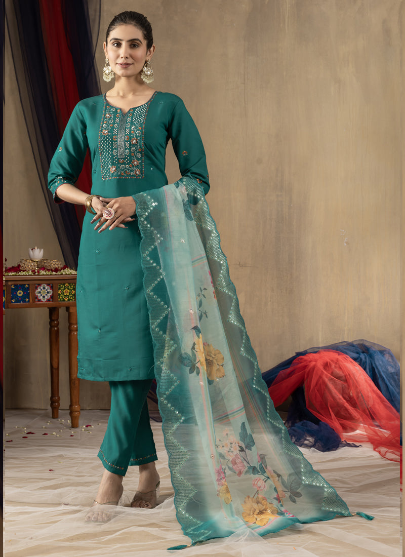 Prazu Fashion Rama Green Roman Silk Thread Embroidered Designer Kurta Set | Grocsy