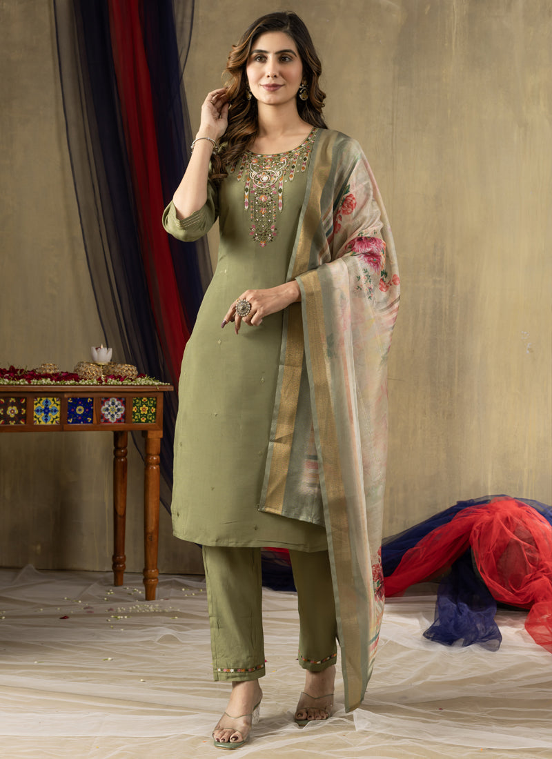 Prazu Fashion Mehendi Shimmer Gold Silk Thread Embroidered Designer Kurta Set | Grocsy