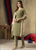 Prazu Fashion Mehendi Shimmer Gold Silk Thread Embroidered Designer Kurta Set | Grocsy