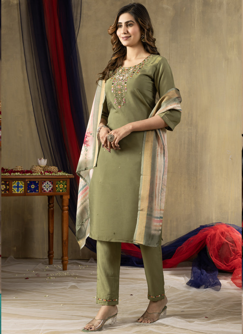 Prazu Fashion Mehendi Shimmer Gold Silk Thread Embroidered Designer Kurta Set | Grocsy