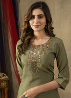 Prazu Fashion Mehendi Shimmer Gold Silk Thread Embroidered Designer Kurta Set | Grocsy