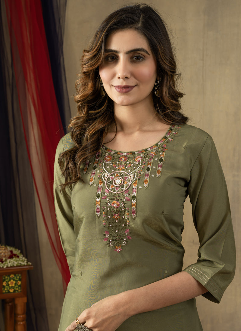 Prazu Fashion Mehendi Shimmer Gold Silk Thread Embroidered Designer Kurta Set | Grocsy