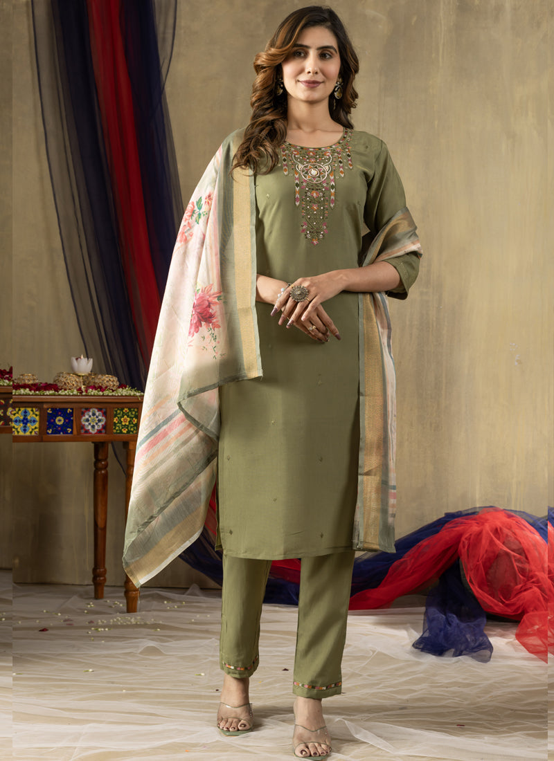 Prazu Fashion Mehendi Shimmer Gold Silk Thread Embroidered Designer Kurta Set | Grocsy