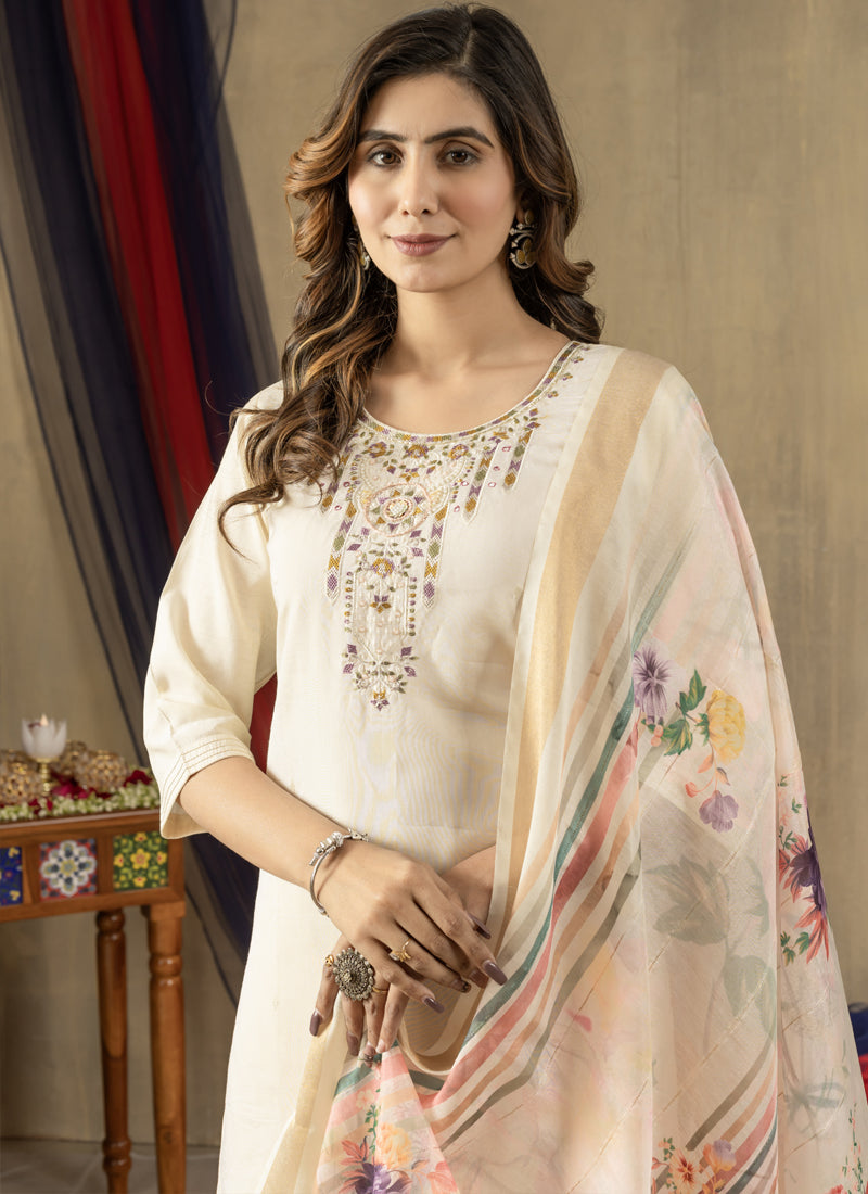 Prazu Fashion Off White Shimmer Gold Silk Thread Embroidered Designer Kurta Set | Grocsy