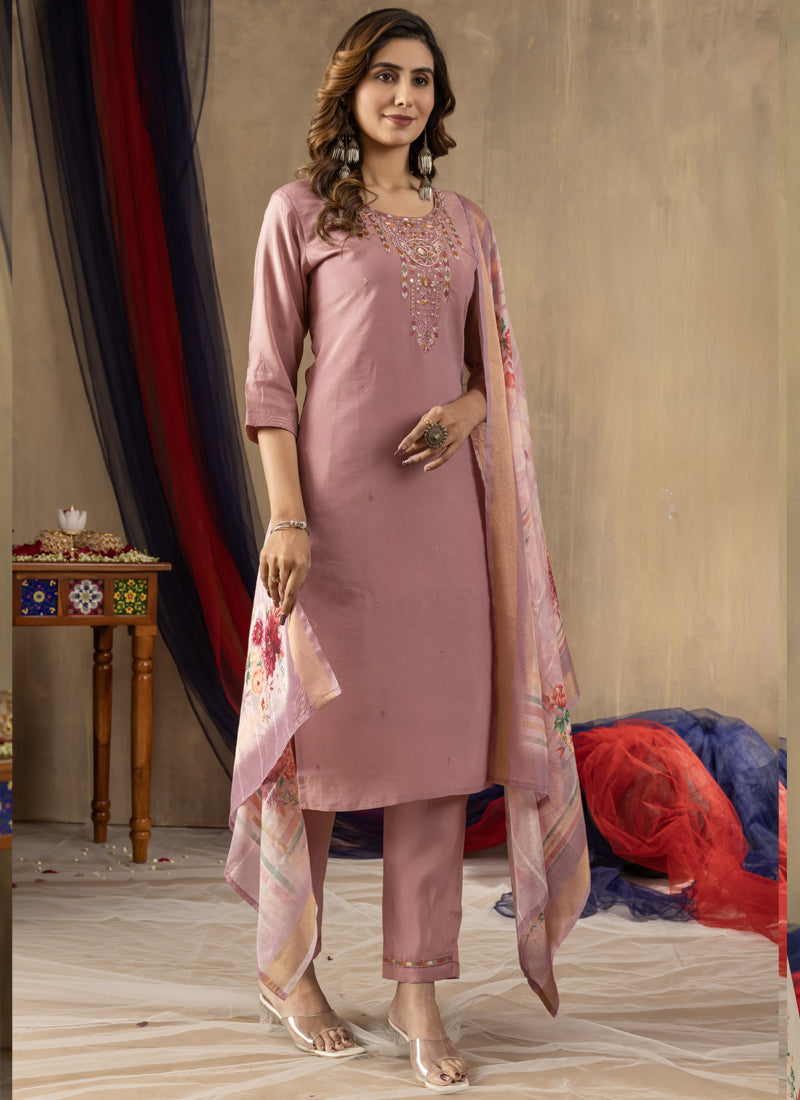 Prazu Fashion Onion Pink Shimmer Gold Silk Thread Embroidered Designer Kurta Set | Grocsy