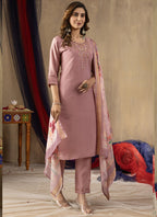 Prazu Fashion Onion Pink Shimmer Gold Silk Thread Embroidered Designer Kurta Set | Grocsy