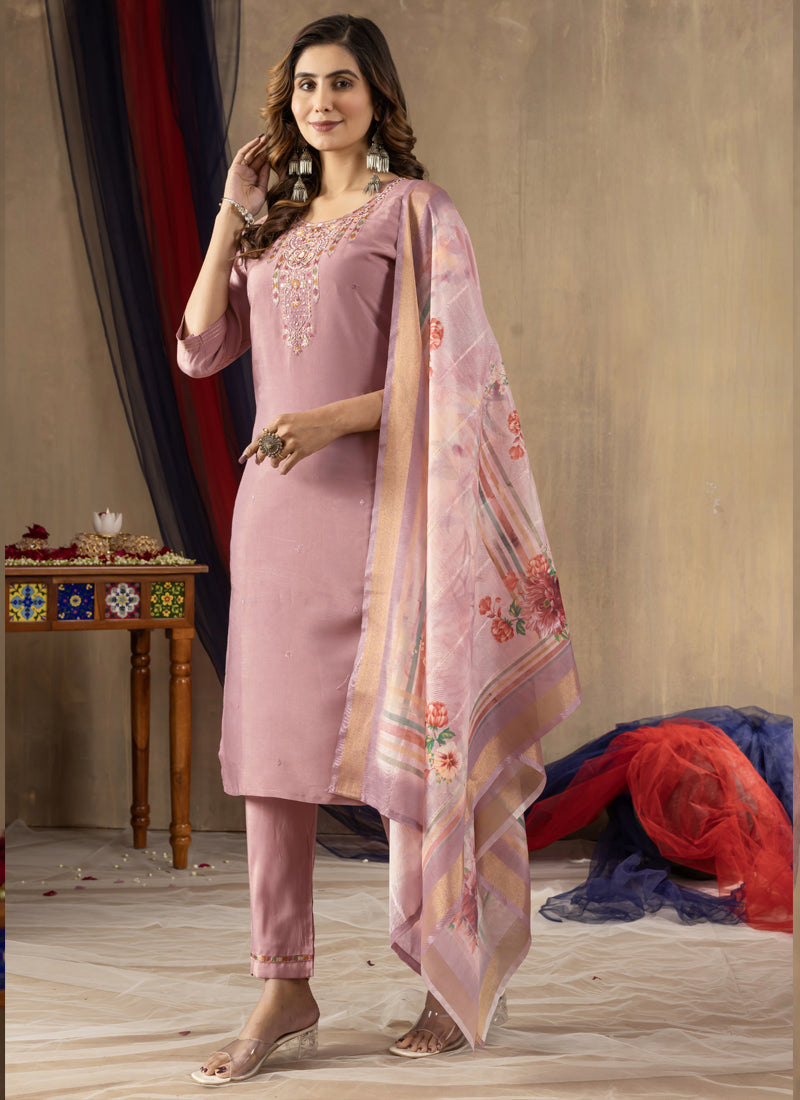 Prazu Fashion Onion Pink Shimmer Gold Silk Thread Embroidered Designer Kurta Set | Grocsy