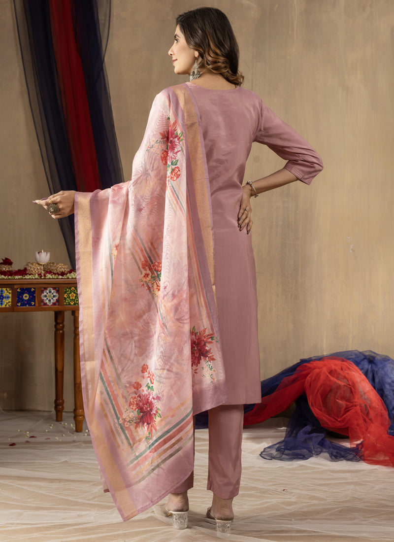 Prazu Fashion Onion Pink Shimmer Gold Silk Thread Embroidered Designer Kurta Set | Grocsy
