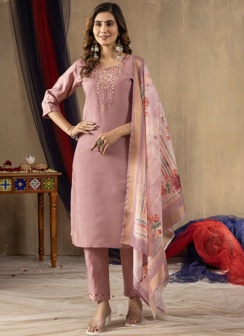 Prazu Fashion Onion Pink Shimmer Gold Silk Thread Embroidered Designer Kurta Set | Grocsy
