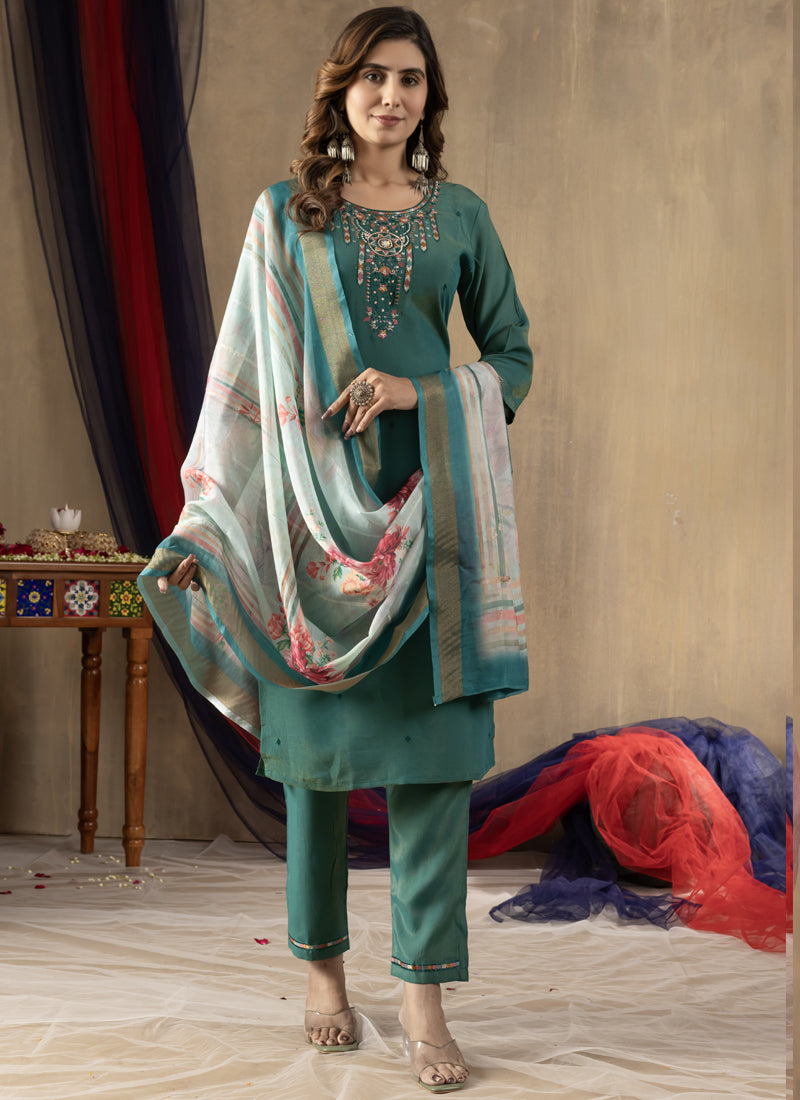 Prazu Fashion Rama Green Shimmer Gold Silk Thread Embroidered Designer Kurta Set | Grocsy